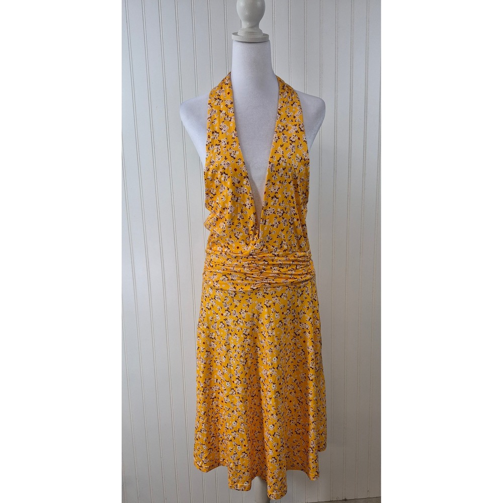 NEW HUHOT Yellow Floral Halter Neck Ruched Waist Midi Dress 
Size M Summer